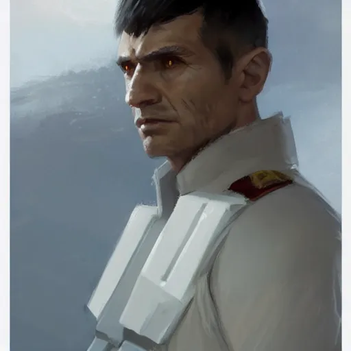 Image similar to portrait of a man by greg rutkowski, great admiral thrawn, short black hair in military style, tall, star wars expanded, universe, he is about 5 0 years old, wearing white colored imperial admiral uniform, artstation hq