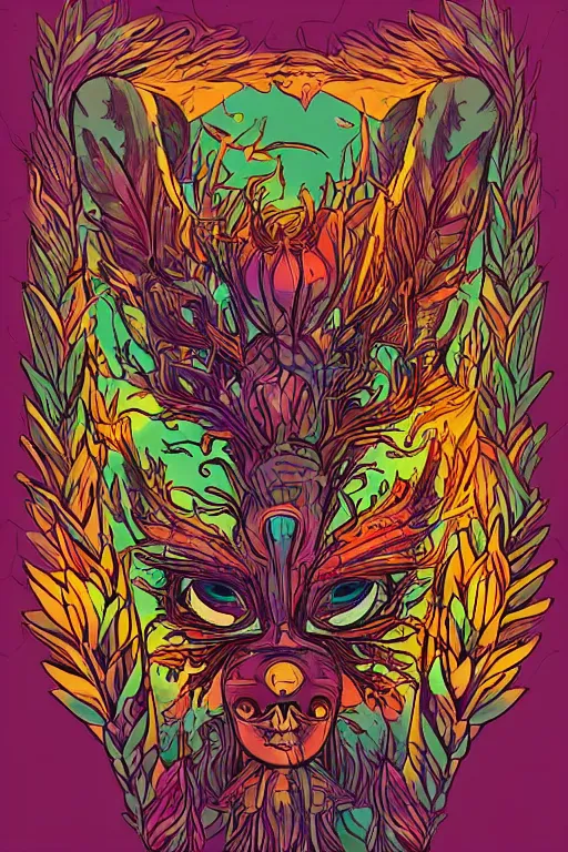 Image similar to animal mask totem roots flower tribal feather gemstone plant wood rock shaman vodoo video game vector cutout illustration vivid multicolor borderlands comics by josan gonzales and dan mumford radiating a glowing aura