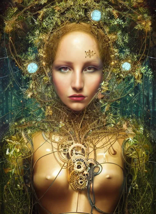 Image similar to oil painting of android woman covered by plants and crystals in the mystical forest, beautiful symmetrical face, renaissance style, wires and cords, golden steampunk, retro futurism, sci - fi, filigree jewellery, baroque, cinematic light, mystical shadows, 8 k