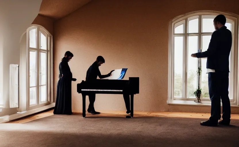 Image similar to a christian couple praying in a room with a piano, photo, sharp, 4k