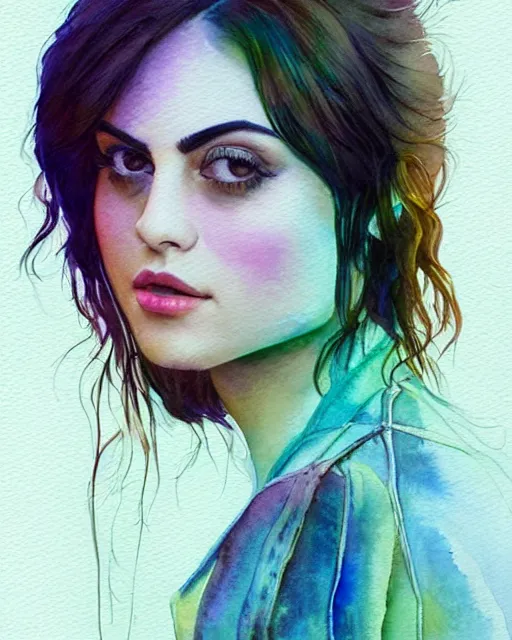 Prompt: watercolor full body portrait of camila mendes wearing a leather, romantisism, outrun, pastel painting, dramatic, detailed, by android jones