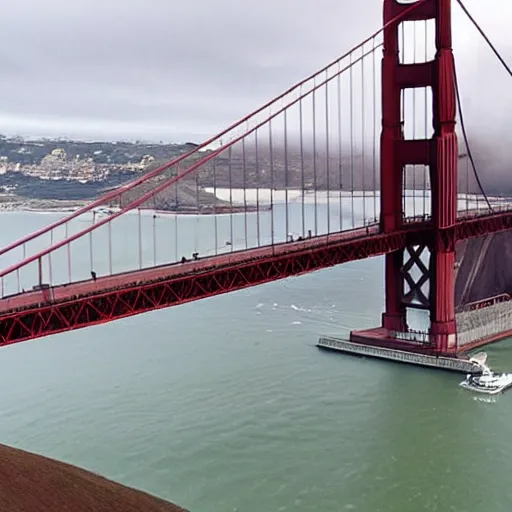 Prompt: photo of the golden gate bridge collapsing and breaking apart