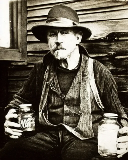 Image similar to “a black and white photograph of an Appalachian bootlegger during prohibition, sitting on the porch with a jar of moonshine next to him, realistic, vintage, antiqued look, grainy film”