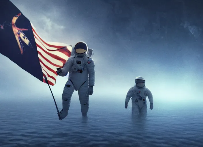 Image similar to astronaut holding a flag in an underwater desert. a submarine is visible in the distance. dark, concept art, cinematic, dramatic, atmospheric, 8 k, trending on artstation, blue, fish, low visibility, fog, ocean floor, christopher nolan, interstellar