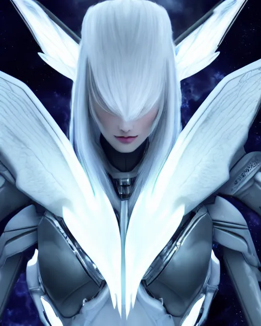 Image similar to perfect white haired attractive alien being with huge white dove wings, warframe armor, beautiful, symmetric, dreamy, half asian, pretty face, blue eyes, detailed, scifi platform, laboratory, experiment, 4 k, ultra realistic, epic lighting, android body, illuminated, cinematic, masterpiece, art by akihito tsukushi, voidstar