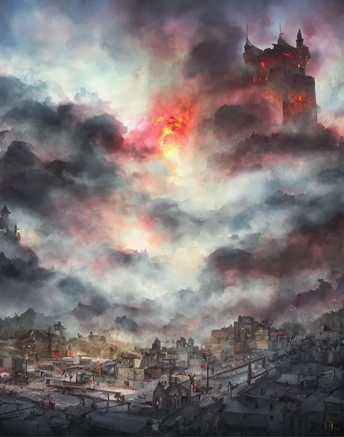 Prompt: Siege of a medieval castle, random and dramatic scene, blue sky with beautiful clouds, fire, explosions and grey smoke here and there, boixcar style, matte painting, vaporwave vaporwave vaporwave watercolor cover art with warm and vibrant colors, volumetric light, oil on canvas art by Rossdraws, award-winning masterpiece with incredible and beautiful details digital art, trending on artstation, smooth, 4K