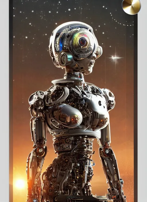 Image similar to photo of a robot made of clock parts, scifi, nebula reflections, stars, professionally color graded, 8 k high definition, insanely detailed, intricate, innocent, art by akihiko yoshida and artgerm