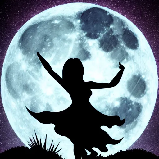 Prompt: silhouette of Maiden with arms raised up praising the night sky, full moon, viewed as a silhouette, Hyperdetailed, fantasycore, Artstation