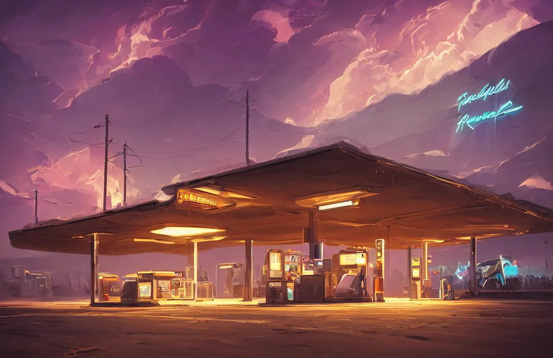 Image similar to raphael lacoste, bastien grivet, ross tran, a retro gas station in the dessert, retrowave, neon colors night, intricate details in environment, meeting point, luminance, golden ratio, high aestehtic, cinematic light, dramatic light, godrays, distance, clear atmosphere, photobash, wideangle, bierstadt,