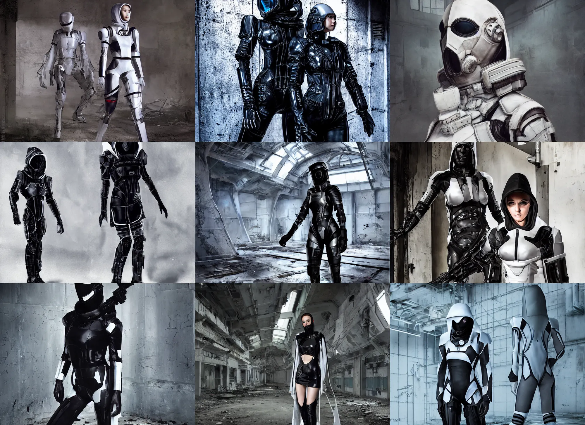 Prompt: beautiful fashion model with white sci - fi tactical gear, black leather garment, hologram sci - fi hood, full shot fashion photography, dark abandoned factory, by irving penn and storm thorgerson, ren heng, peter elson, mass effect concept art