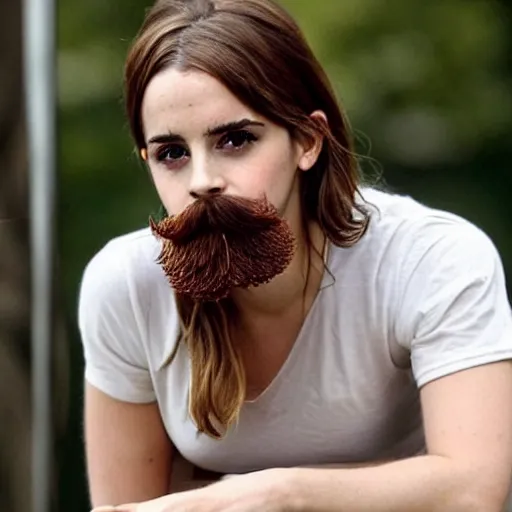 Image similar to emma watson with a full beard and mustache