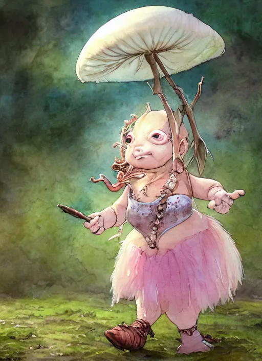 Prompt: A fat goblin princess with a tattered pink tutu, mushroom parasol watercolor, dramatic lighting, cinematic, establishing shot, extremely high detail, foto realistic, cinematic lighting, pen and ink, intricate line drawings, by Yoshitaka Amano, Ruan Jia, Kentaro Miura, Artgerm, post processed, concept art, artstation, matte painting, style by eddie mendoza, raphael lacoste, alex ross