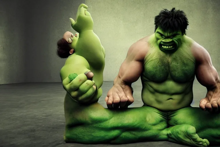 Prompt: the hulk and shrek doing yoga poses in the morning - produced in surreal sweatshop under fluorescent dominion, advanced, photorealistic, realistic, dramatic lighting, fantastic reality, by michelangelo, 8 k resolution