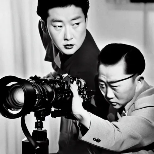 Prompt: 1950s Korean thriller film noir, 35mm film, Cooke Varotal 20-100mm T3.1, Kim Jong-il