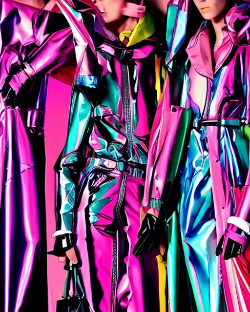 Image similar to a leaked screenshot of Balenciaga's fall 2049 campaign, prismatic, dazzle camouflage!, dayglo pink, dayglo blue, Bladerunner, cyberpunk