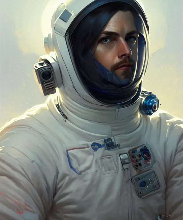 Image similar to Hacker spaceman portrait, highly detailed, digital painting, artstation, concept art, smooth, sharp focus, illustration, art by artgerm and greg rutkowski and alphonse mucha