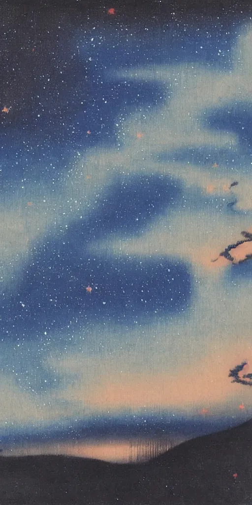 Image similar to painting of the night sky by kitano tsunetomi, 1 9 3 9