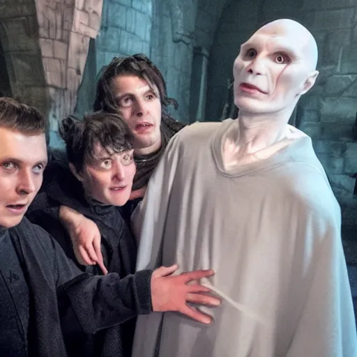 Prompt: vlodymyr zielinski as voldemort tormenting harry potter and friends