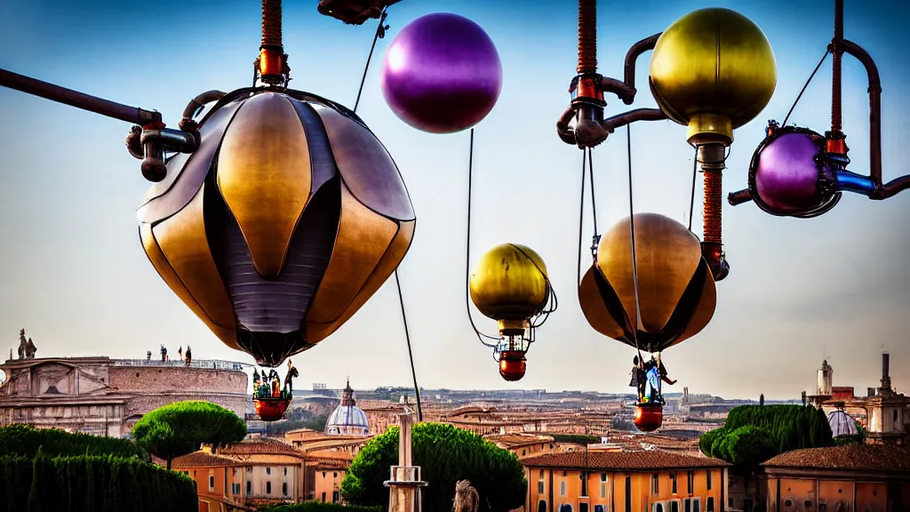 Image similar to large colorful futuristic space age metallic steampunk steam powered balloons with pipework and electrical wiring around the outside, and people on rope swings underneath, flying high over the beautiful medieval rome city landscape, professional photography, 8 0 mm telephoto lens, realistic, detailed, photorealistic, photojournalism