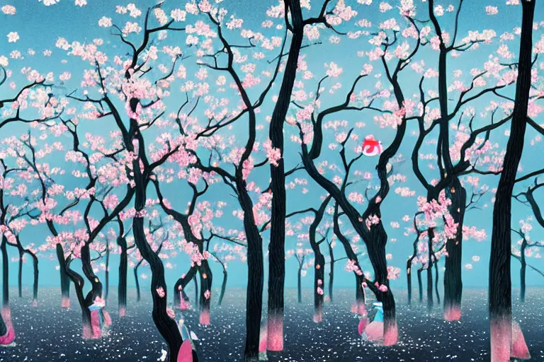 Image similar to A surreal winter forest landscape with barren sakura trees by Chiho Aoshima and Salvador Dali