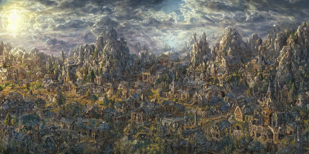 Image similar to an concept art of the ancient town surrounded by magic guardians, lovercraft city, intricate details, detailed sky, detailed structures, starry night, artstation, epic scenery, colourful light, by kentaro miura and vasnetsov