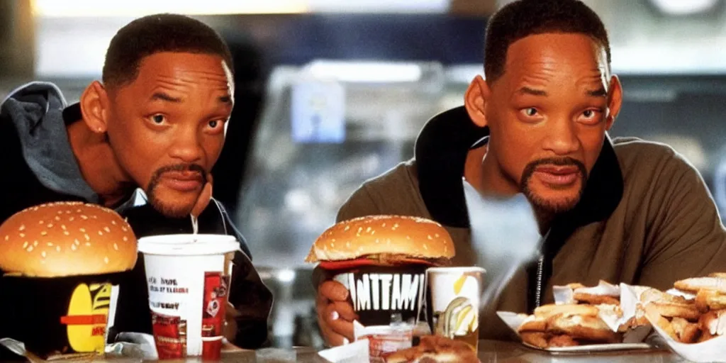 Prompt: e. t will smith sitting in a mc donald ’ s restaurant with an angry expression because he got the wrong hamburger.