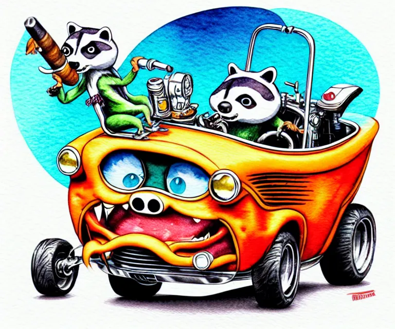 Image similar to cute and funny, ( racoon [ smoking cigar ] ) riding in a tiny hot rod with oversized engine, ratfink style by ed roth, centered award winning watercolor pen illustration, isometric illustration by watercolor girl, edited by range murata, tiny details by artgerm, symmetrically isometrically centered