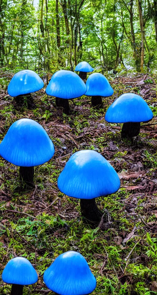 Image similar to 4 huge glowing blue mushrooms grow from the same spot, Sony a7R