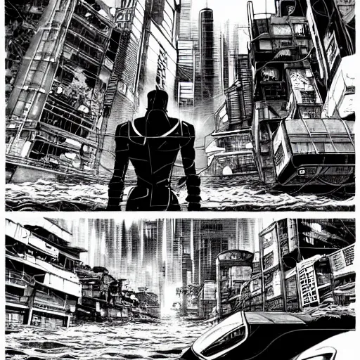 Image similar to high quality illustration of a japanese flooded cyberpunk city in the style of ghost in the shell and akira, manga, black and white, pencil, traditional art, anime, by katsuhiro otomo and masamune shirow and studio ghilibi and yukito kishiro, highly detailed