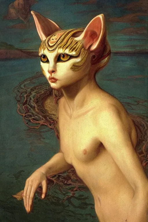 Prompt: Baroque painting of Bastet in a lake, inspired by Gustav Moreau and Wayne Barlowe, exquisite detail, hyper realism, ornate, exquisite detail, cute face