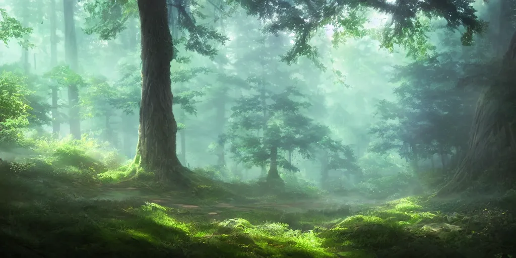 Image similar to a forest, cinematic angle, studio Ghibli, volumetric lighting, breathtaking, beautiful composition, elegant, digital art, detailed, oil painting, hyperrealistic, sharp focus, 8k