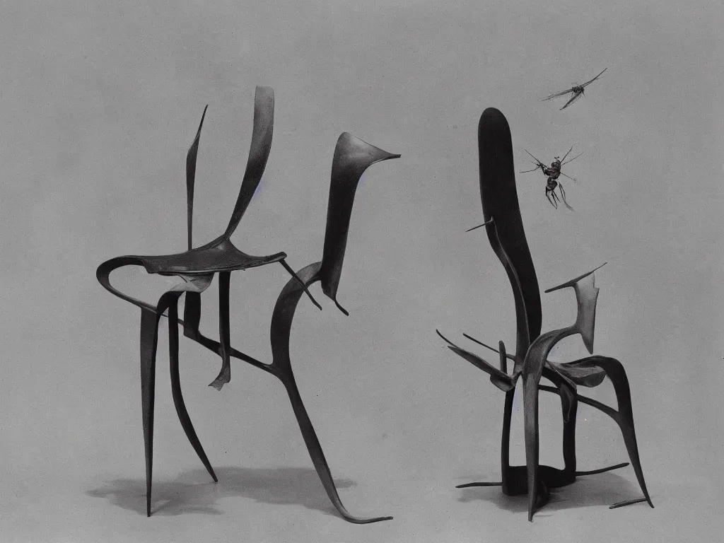 Image similar to flaming brutalist chair with wasp. karl blossfeldt, salvador dali