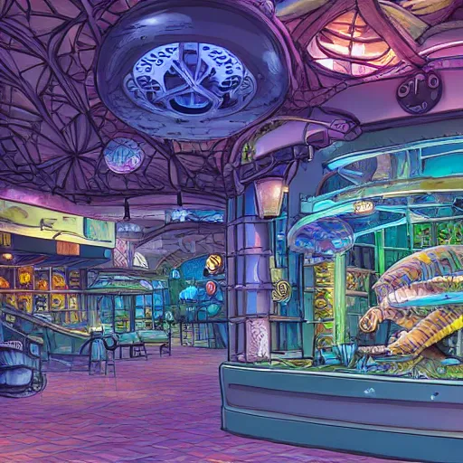 Image similar to undersea shopping center built from various sea shells, sea weed, light diffraction, steampunk, cyberpunk, warm lights, anime, vhs distortion