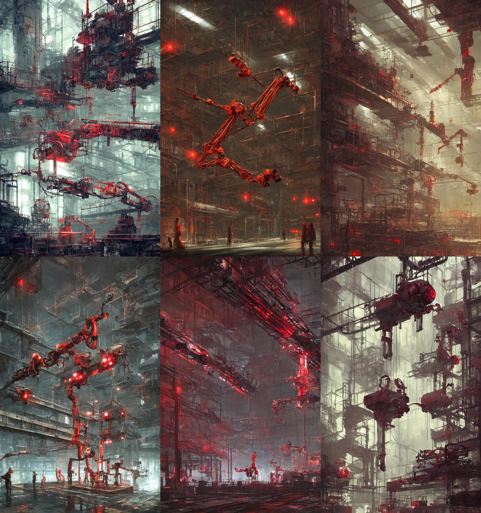 Image similar to dystopian factory building robots, with suspended rails and hanging mechanical parts, robotic arms, red leds, concept art by craig mullins, gloomy, neon lights