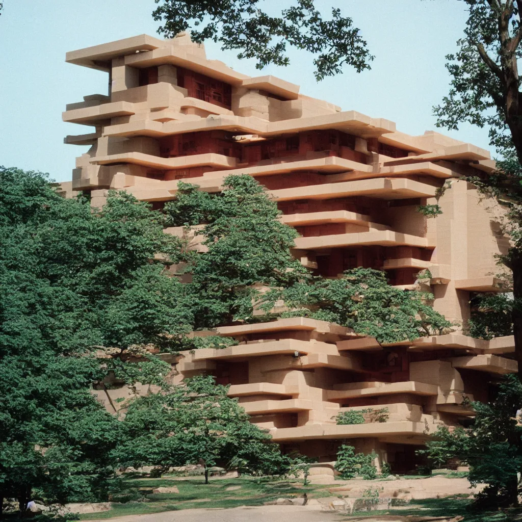 Image similar to photo of a Frank Lloyd Wright building made of LEGO, 50mm, pentax, film