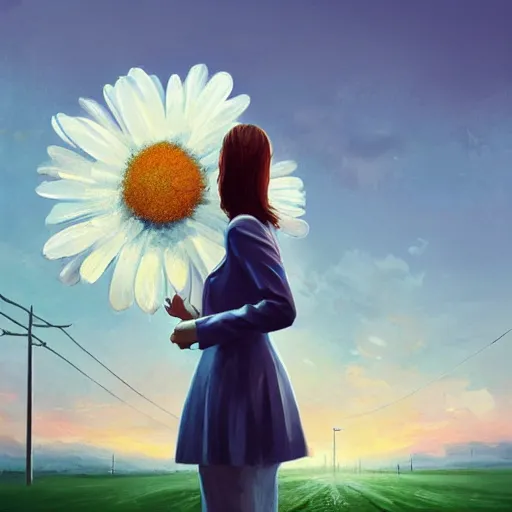 Image similar to giant white daisy flower head, frontal, girl in a suit, standing in street, surreal photography, sunrise, dramatic light, impressionist painting, digital painting, artstation, simon stalenhag