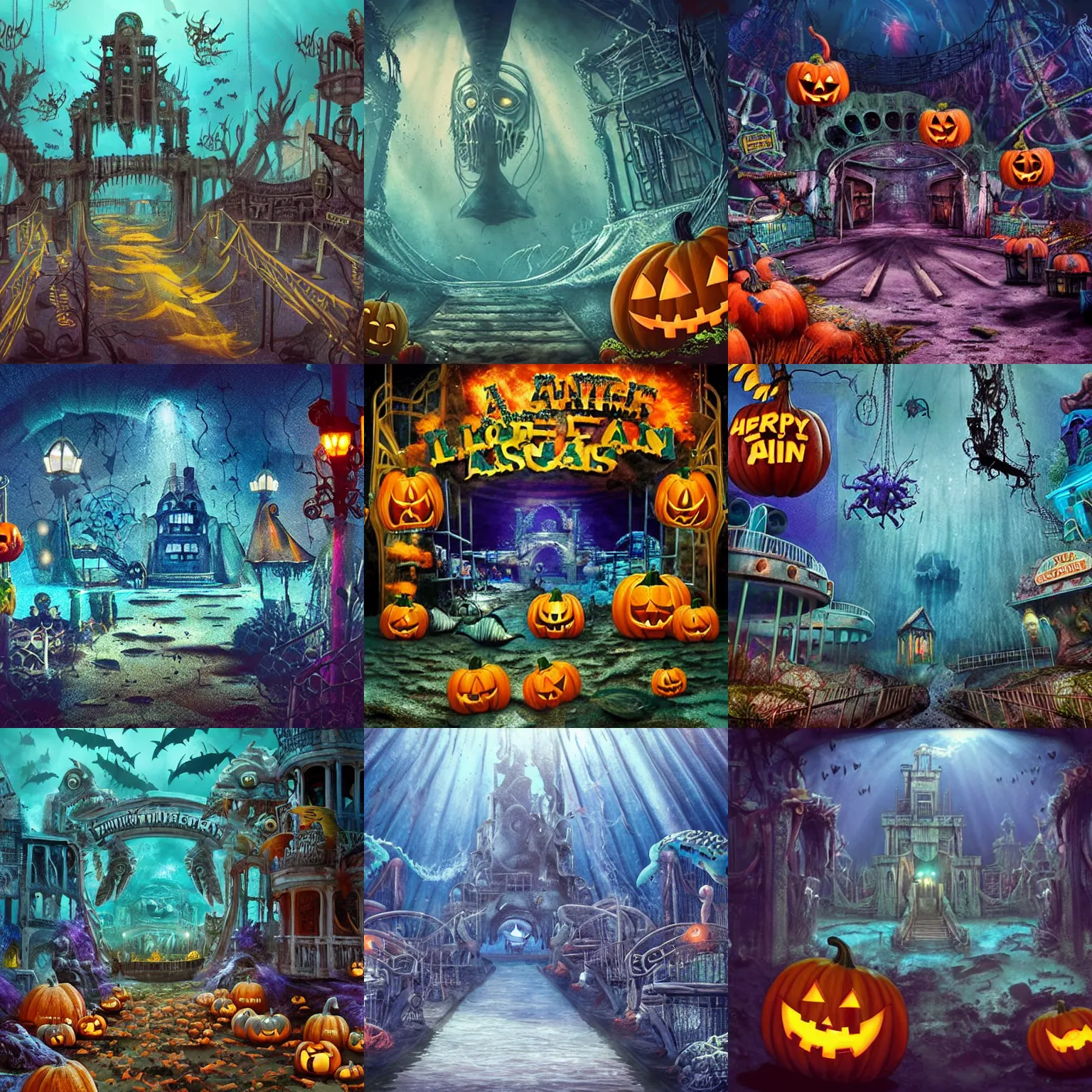 Prompt: a horror based amusement park during halloween that takes place deep underwater and is built on the idea of the lost city of atlantis, first person perspective looking up, halloween decorations, underwater city, amusement park, spooky, fish in the background, rides, amusement park buildings, deep sea themed, horror themed, fun, concept art
