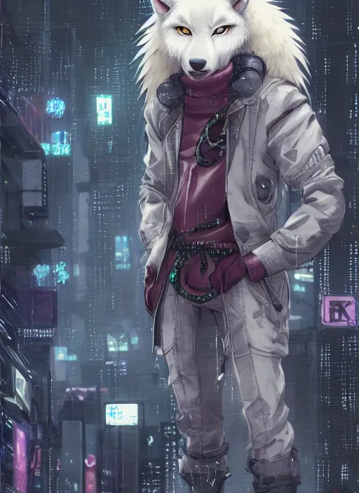 Image similar to character portrait of a male anthro albino wolf fursona with a tail and a cute beautiful attractive detailed furry face wearing stylish cyberpunk clothes in a cyberpunk city at night while it rains. hidari, color page, tankoban, 4K, tone mapping, Akihiko Yoshida.