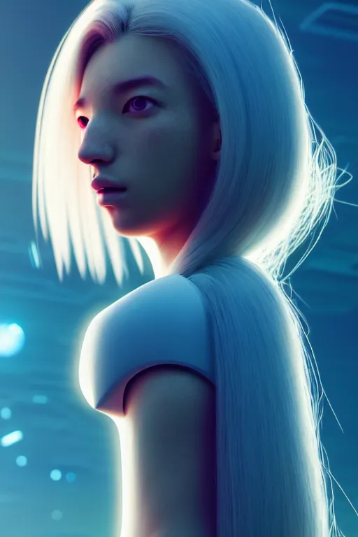 Image similar to profil android women running, scifi, futuristic design, bae suzy, long white hair, character design, cinematic lighting, highly detailed, by beeple, goro fujita, smooth gradient.