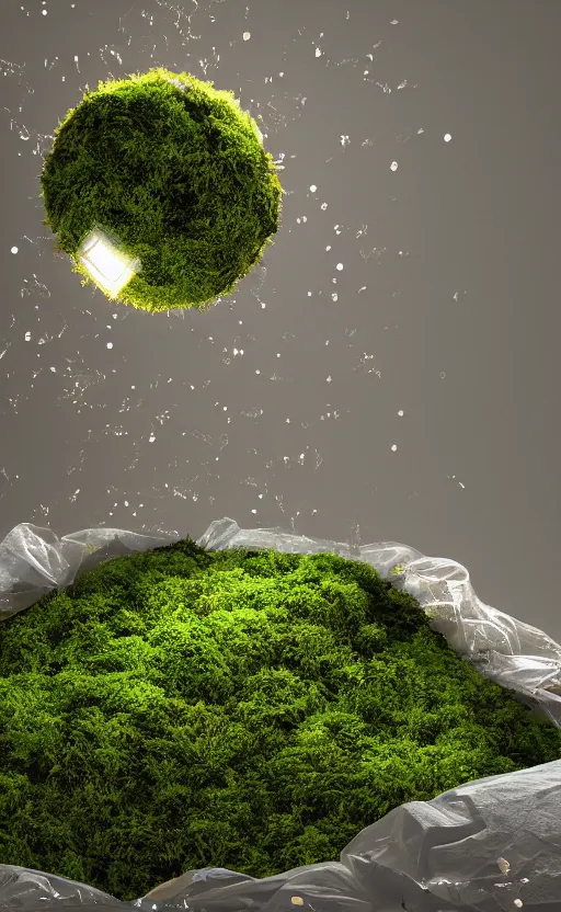 Prompt: view of the inside of a trash bag decorated with moss and flowers and illuminated by glowing orbs, octane render, abstract, unorthodox, 4k, desktop wallpaper, raytracing