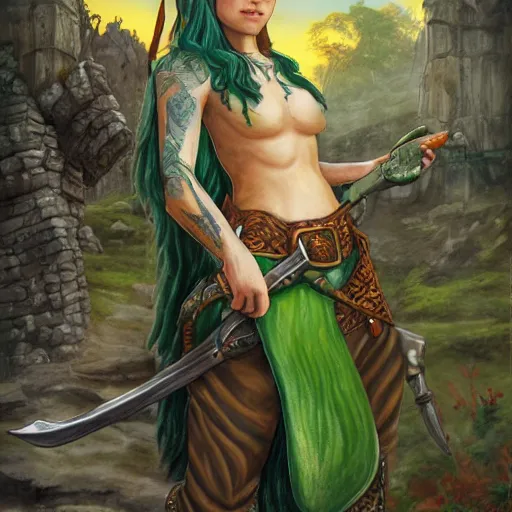 Image similar to Androgynous wood elf, extensive tattoos, leather tunic, green hair in topknot, carrying carved bone staff. Exterior city scene, middle ages, evening sunlight. Professional oil painting, high fantasy, detailed