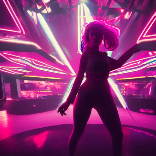 Image similar to grimes on stage dancing, volumetric neon lights in the background, gleaming, 3 5 mm photography, portrait!!!!!!, trending on artstation, 4 k, 8 k, zbrush, mannerism