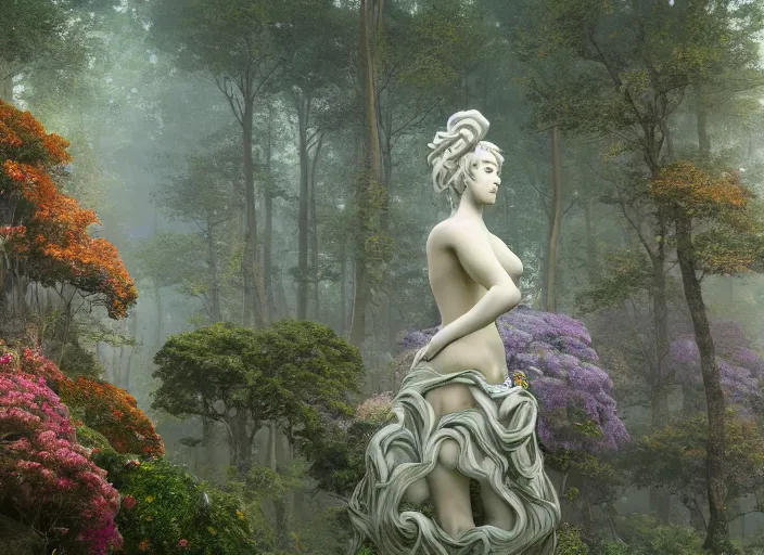 Image similar to an idealistic marble statue with fractal flowery hair, in a magical forest, painted by, mc escher, gordon onslow ford, georgia o'keeffe and ivan aivazovsky, cinematic light, god rays, colourful, unreal engine, zbrush central,