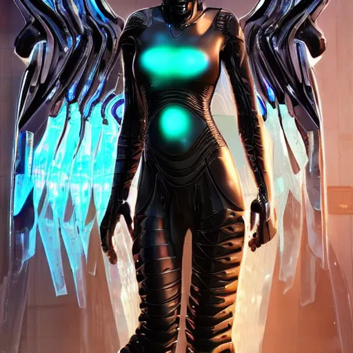 Prompt: tall female cyber angel, cyberpunk armor, flowing robes