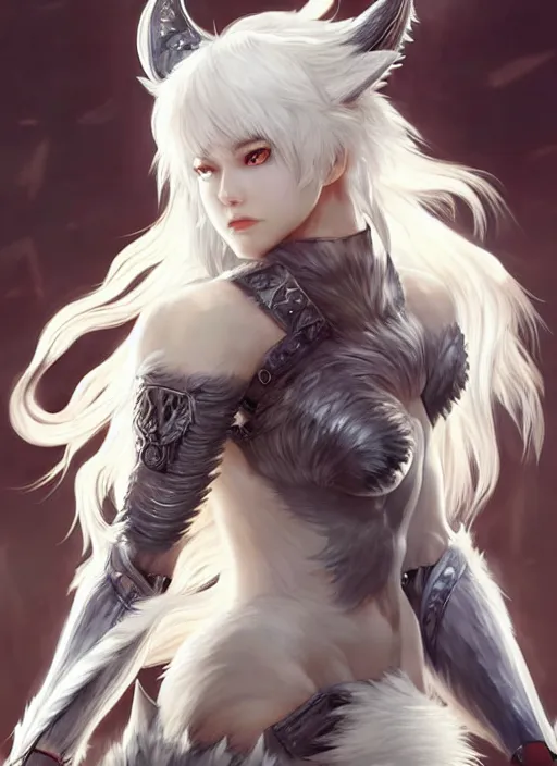 Image similar to warrior, fur - lined wolf armor!!! beautiful and elegant white hair female!! gorgeous ayes!! character concept art, sharp focus, octane render! unreal engine 5! highly rendered!! trending on artstation!! detailed linework!! illustration by artgerm, wlop, and chie yoshii