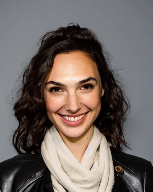 Image similar to headshot of a smiling, gal gadot, she is wearing a leather bomber cap on her head, she is also wearing an a 2 flight jacket, a long green wool scarf is wrapped around her neck