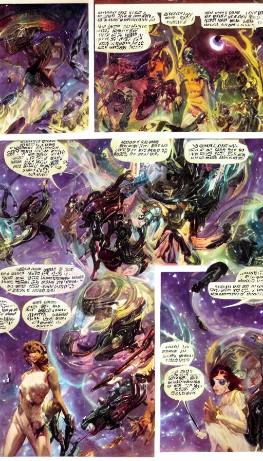 Image similar to 6 panel hard science fiction comic by, john singer sargent, bill sienkiewicz