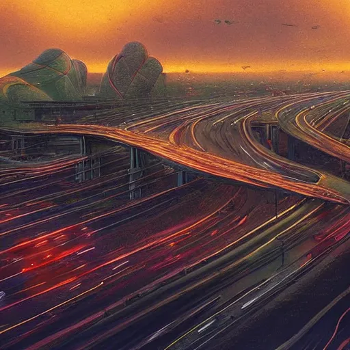 Prompt: organic cars moving fast on a huge road interchange in a desolated landscape, fluid, smooth, bright colours, high contrast, sharpness, beautiful, peaceful, very detailed, intricate, volumetric lighting, by giger and corben and moebius and beksinski and bosch and bacon