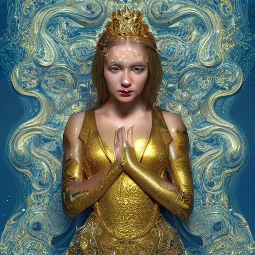 Prompt: wonderful princess made of golden marble, beautiful face, hyper detailed, flowing psychadelic background intricate and detailed, ornate 8 k gorgeous intricate detailed, octane render