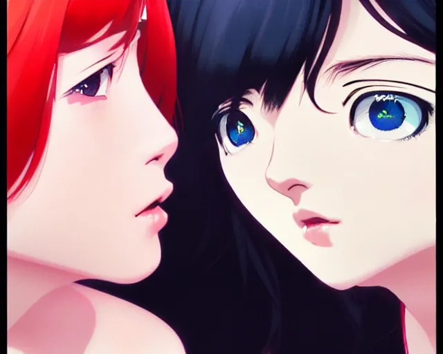 Image similar to two girls kissing | very very anime!!!, fine - face, audrey plaza, realistic shaded perfect face, fine details. anime. realistic shaded lighting poster by ilya kuvshinov katsuhiro otomo ghost - in - the - shell, magali villeneuve, artgerm, jeremy lipkin and michael garmash and rob rey